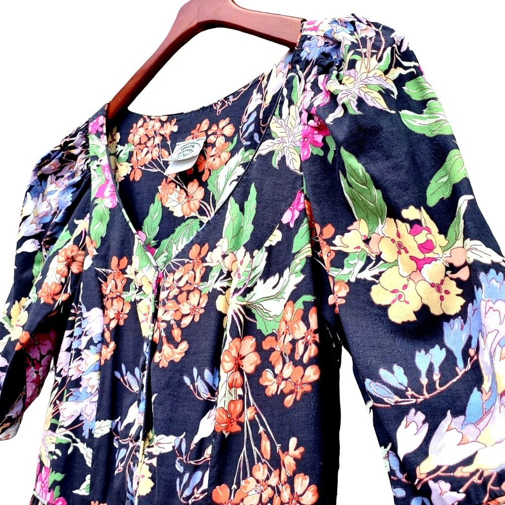 Vintage Laura Ashley Dress M Midi 80s 90s Black Cotton Big Print Floral - Picture 5 of 10